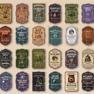 May include: A collection of 24 vintage-style potion labels with various names like "Zombie Brain Juice" and "Bat Wing Extract." Each label has a unique design, color scheme, and text, suggesting a theme of witchcraft and fantasy. The labels are arranged in a grid.