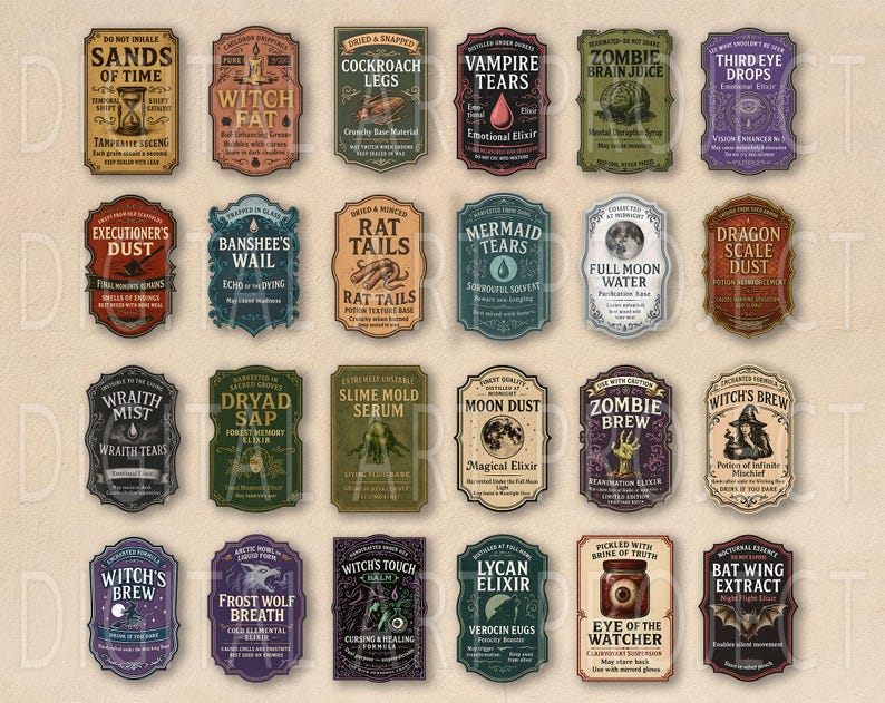 May include: A collection of 24 vintage-style potion labels with various names like "Zombie Brain Juice" and "Bat Wing Extract." Each label has a unique design, color scheme, and text, suggesting a theme of witchcraft and fantasy. The labels are arranged in a grid.