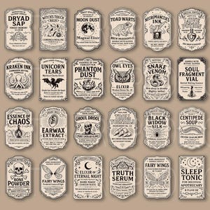 May include: A collection of vintage-style potion labels with various names like "Dryad Sap," "Unicorn Tears," and "Sleep Tonic." Each label features ornate borders and detailed illustrations in black and white.