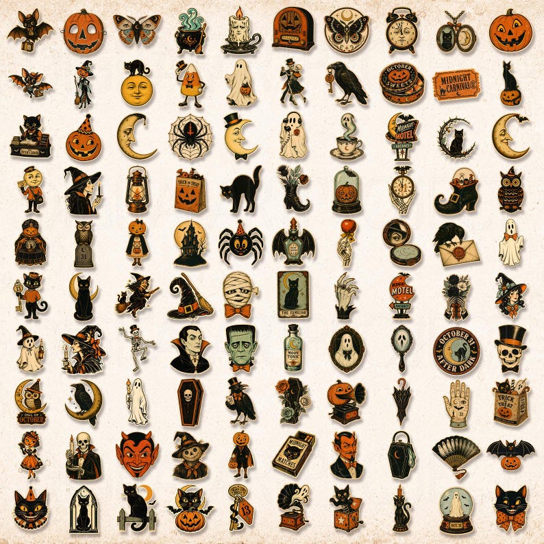 Vintage Halloween Clipart Bundle, Retro Halloween PNG, Halloween Stickers, Spooky Clipart, Junk Journal Ephemera, Halloween Sublimation Png image 2