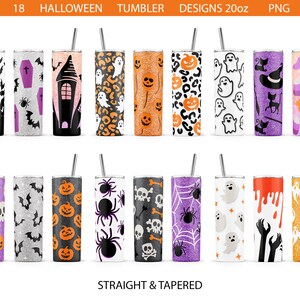 Puede incluir: 18 Dise&ntilde;os de Vasos de Halloween 20oz PNG.  Conjunto de 18 dise&ntilde;os diferentes con tem&aacute;tica de Halloween para vasos de 20oz.  Los dise&ntilde;os incluyen fantasmas, calabazas, murci&eacute;lagos, ara&ntilde;as, calaveras y m&aacute;s.  Los dise&ntilde;os est&aacute;n disponibles en estilos rectos y c&oacute;nicos.