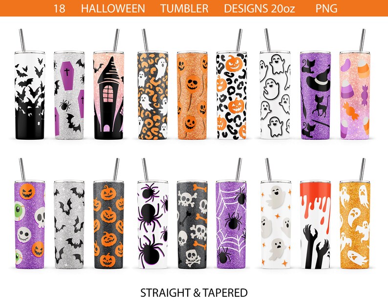 Puede incluir: 18 Dise&ntilde;os de Vasos de Halloween 20oz PNG.  Conjunto de 18 dise&ntilde;os diferentes con tem&aacute;tica de Halloween para vasos de 20oz.  Los dise&ntilde;os incluyen fantasmas, calabazas, murci&eacute;lagos, ara&ntilde;as, calaveras y m&aacute;s.  Los dise&ntilde;os est&aacute;n disponibles en estilos rectos y c&oacute;nicos.