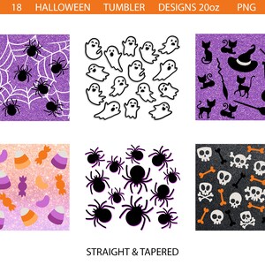 Puede incluir: 18 Dise&ntilde;os de Vasos de Halloween 20oz PNG. Un conjunto de seis dise&ntilde;os diferentes con temas de Halloween, que incluyen ara&ntilde;as, fantasmas, ma&iacute;z dulce, calaveras y huesos cruzados, y gatos. Cada dise&ntilde;o est&aacute; sobre un fondo brillante.
