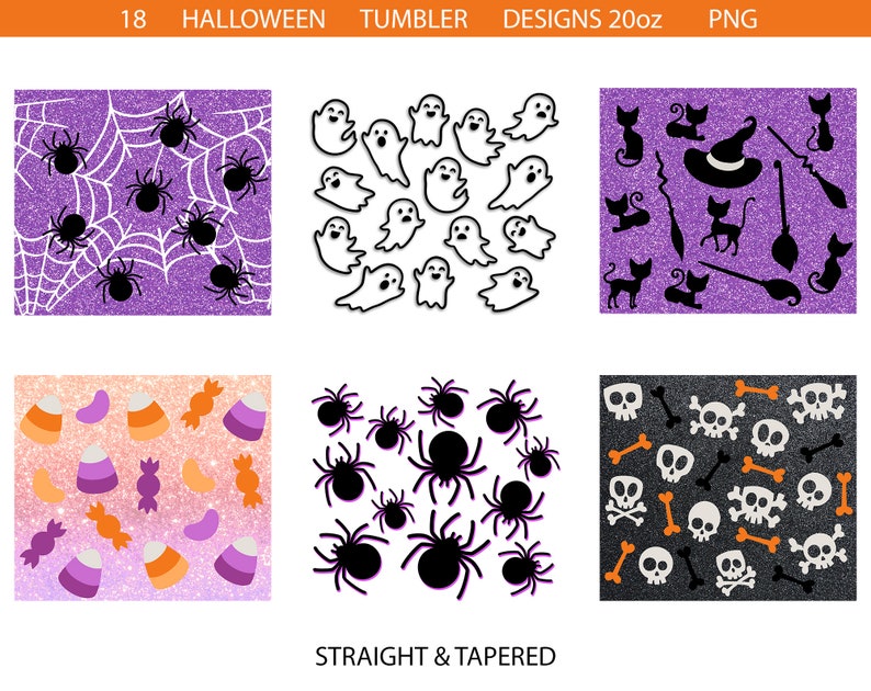 Puede incluir: 18 Dise&ntilde;os de Vasos de Halloween 20oz PNG. Un conjunto de seis dise&ntilde;os diferentes con temas de Halloween, que incluyen ara&ntilde;as, fantasmas, ma&iacute;z dulce, calaveras y huesos cruzados, y gatos. Cada dise&ntilde;o est&aacute; sobre un fondo brillante.