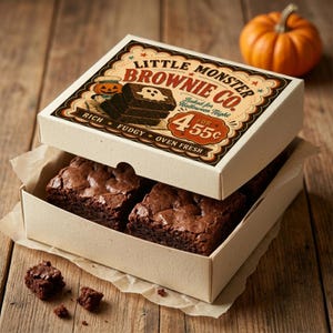 May include: A square cardboard box containing dark brown brownies, with a lid featuring the text Little Monster Brownie Co., Baked for Halloween Night, Rich, Fudgy, Oven Fresh, and 4 for 55 cents, alongside a pumpkin and ghost illustration.