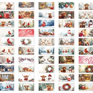 May include: A set of 24 Christmas cards featuring a variety of winter scenes with red cardinals, highland cows, and winter landscapes. The cards are decorated with holly, candy canes, and other festive elements.