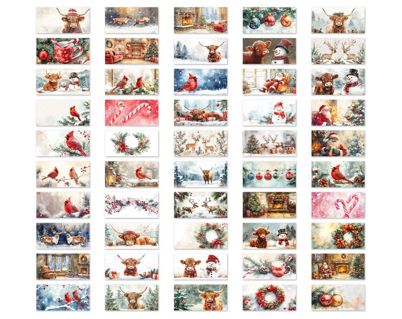 May include: A set of 24 Christmas cards featuring a variety of winter scenes with red cardinals, highland cows, and winter landscapes. The cards are decorated with holly, candy canes, and other festive elements.