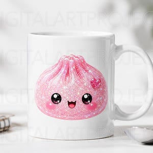 May include: A white ceramic mug featuring a graphic of a pink, glittery, cartoon-style dumpling with a smiling face, large black eyes, rosy cheeks, and a small pink heart accent. The design has a sparkling texture and a rounded, pleated top.