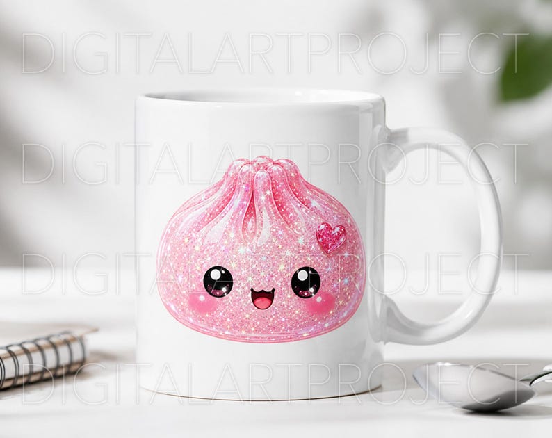 May include: A white ceramic mug featuring a graphic of a pink, glittery, cartoon-style dumpling with a smiling face, large black eyes, rosy cheeks, and a small pink heart accent. The design has a sparkling texture and a rounded, pleated top.