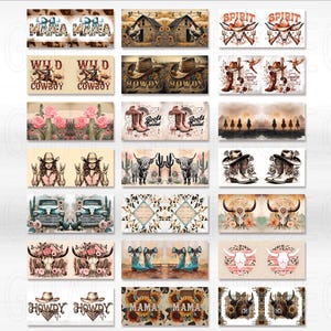 May include: A collection of rectangular designs with a Western theme. The designs feature cowboy hats, boots, horses, longhorn skulls, and the words "Mama," "Wild Cowboy," and "Spirit." The color palette includes browns, pinks, and turquoise.