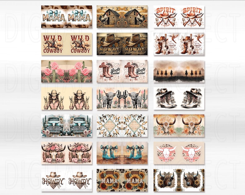 May include: A collection of rectangular designs with a Western theme. The designs feature cowboy hats, boots, horses, longhorn skulls, and the words "Mama," "Wild Cowboy," and "Spirit." The color palette includes browns, pinks, and turquoise.