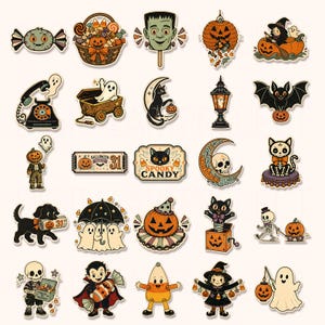 May include: A collection of twenty-five Halloween-themed stickers featuring illustrations of ghosts, pumpkins, black cats, skeletons, a vampire, and candy. The designs include a basket of treats, a jack-o'-lantern, and text reading Spooky Candy.