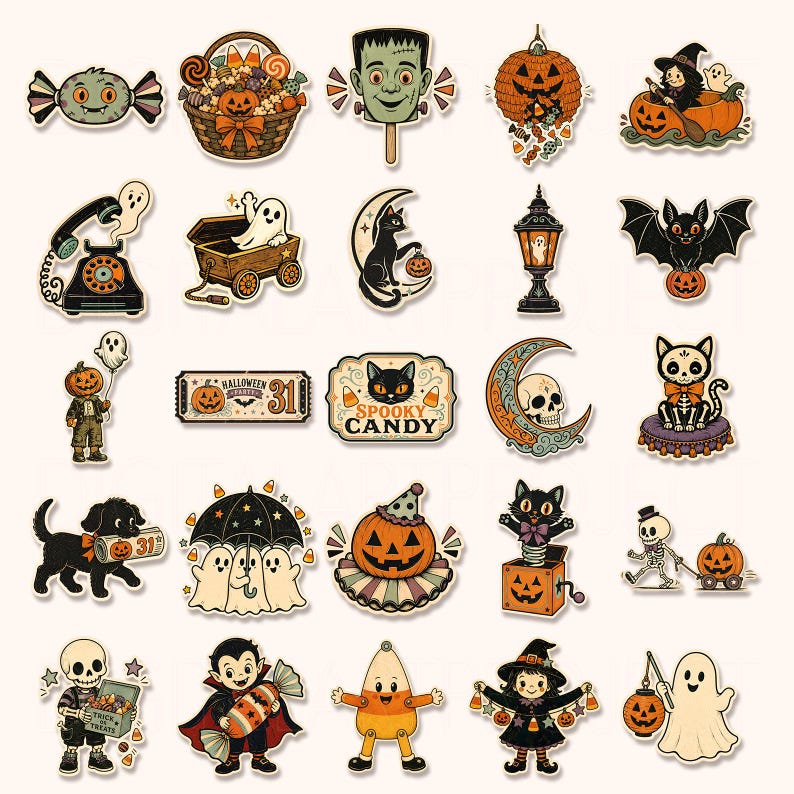 May include: A collection of twenty-five Halloween-themed stickers featuring illustrations of ghosts, pumpkins, black cats, skeletons, a vampire, and candy. The designs include a basket of treats, a jack-o'-lantern, and text reading Spooky Candy.