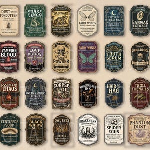 May include: A collection of vintage-style apothecary labels with various names like "Snake Venom," "Vampire Blood," and "Spider Eggs." The labels feature ornate borders, illustrations, and aged paper textures, evoking a mystical or Halloween theme.