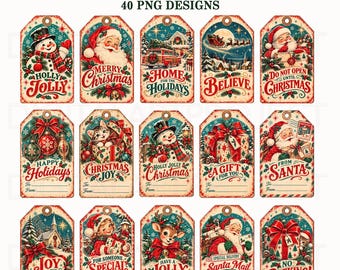 Pacote de etiquetas de Natal vintage em PNG, etiquetas de Natal imprimíveis com Papai Noel, bonecos de neve, renas, sublimação.