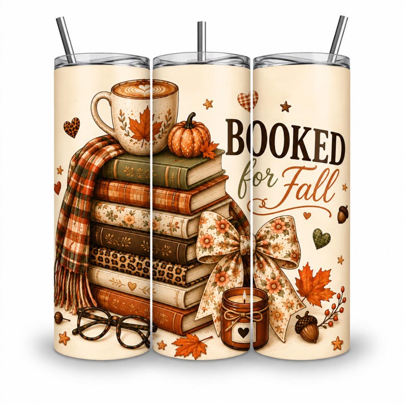May include: A cylindrical tumbler with a straw featuring a fall-themed design. The print includes a stack of books, a coffee mug, a pumpkin, a plaid scarf, a large floral bow, a candle, and glasses. The text reads BOOKED for Fall.