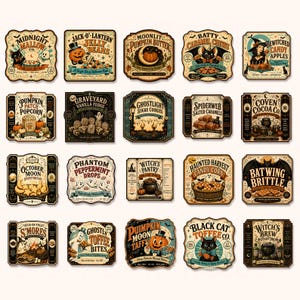 K&ouml;nnte beinhalten: Eine Sammlung von zwanzig rechteckigen und quadratischen Etiketten im Vintage-Stil mit Halloween-Illustrationen und Texten, darunter Midnight Mallow, Jack-O-Lantern Jelly Beans, Pumpkin Butter, Batty Caramel Chews und Bewitched Candy Apples.