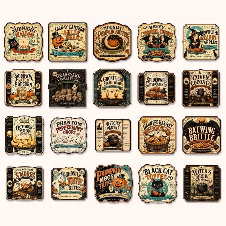 K&ouml;nnte beinhalten: Eine Sammlung von zwanzig rechteckigen und quadratischen Etiketten im Vintage-Stil mit Halloween-Illustrationen und Texten, darunter Midnight Mallow, Jack-O-Lantern Jelly Beans, Pumpkin Butter, Batty Caramel Chews und Bewitched Candy Apples.