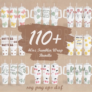 Op de afbeelding: Een set van meer dan 110 ontwerpen voor 40 ounce tumbler wraps. De ontwerpen omvatten vlinders, bloemen, koffie, cactussen, kersen en bladeren. De ontwerpen zijn in zwart-wit met een witte achtergrond. De tekst "110+ 40oz Tumbler Wrap Bundle" staat in het midden van de afbeelding. De tekst "sug png eps dxf" staat onderaan de afbeelding.