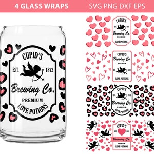 Cupid&#39;s Brewing Co Love Potion, Can Glass Wrap Bundle, Valentines Wrap Png, Valentines svg, Love svg, 16 oz libbey glass, Cupid svg, Cheetah