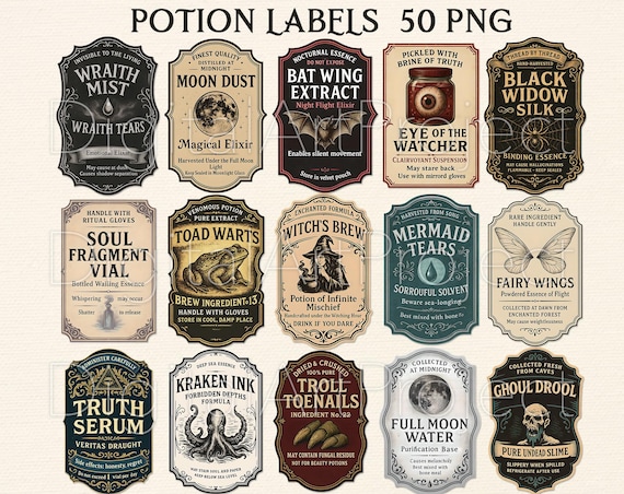 Potion Bottle Labels Set, Hallowen Png, Witchcraft, Apothecary Png, Halloween Potion, Halloween Spell Jar Labels, Witchs Brew, Vintage Label