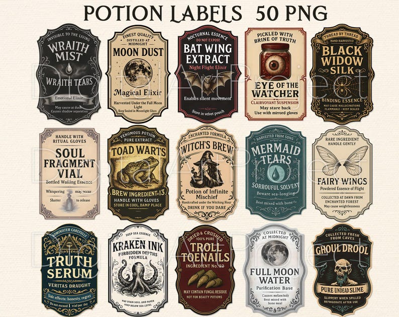 May include: A collection of 15 vintage-style potion labels with gothic fonts and illustrations. Each label features a unique name like "Wraith Mist" or "Troll Toenails" and includes descriptive text. Perfect for Halloween or crafting.