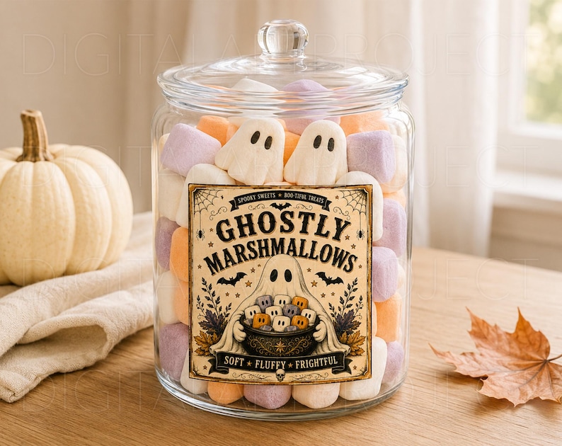 May include: A clear glass jar with a lid filled with white, orange, and purple marshmallows shaped like ghosts. The jar features a label that reads GHOSTLY MARSHMALLOWS, SPOOKY SWEETS, BOO-TIFUL TREATS, and SOFT FLUFFY FRIGHTFUL with a ghost illustration.