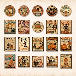 May include: A collection of twenty vintage-style Halloween-themed stickers featuring various illustrations of black cats, pumpkins, ghosts, and candy. Each sticker includes retro typography with phrases like Scaredy Cat, Boo Berry Jam, and Jack's Lantern Oil.