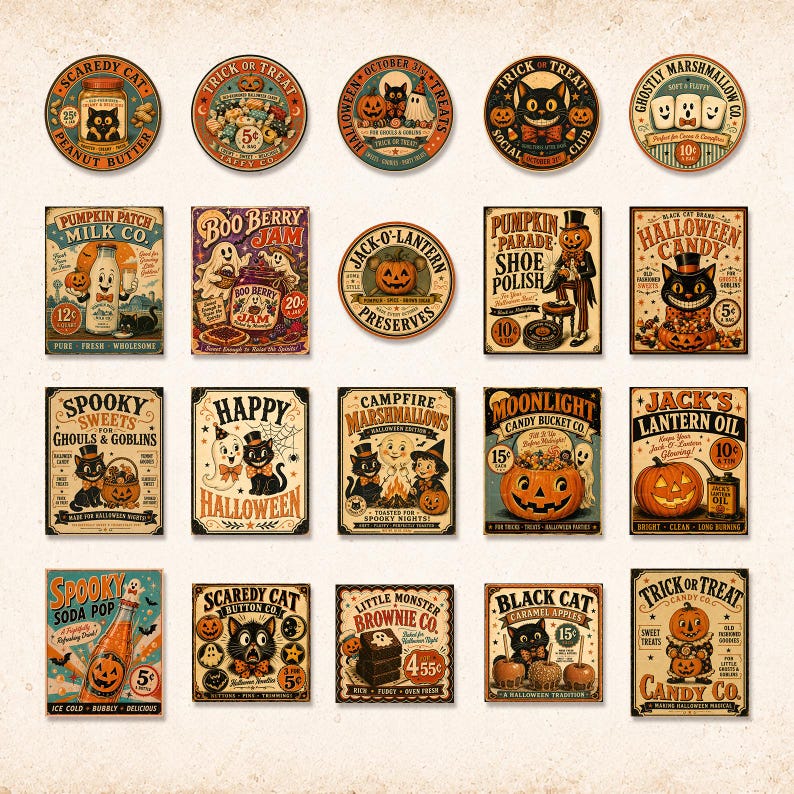 May include: A collection of twenty vintage-style Halloween-themed stickers featuring various illustrations of black cats, pumpkins, ghosts, and candy. Each sticker includes retro typography with phrases like Scaredy Cat, Boo Berry Jam, and Jack's Lantern Oil.
