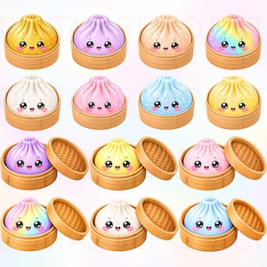 May include: A collection of twelve illustrations featuring kawaii-style steamed buns in bamboo steamers. Each bun displays a smiling face with large eyes, rendered in various colors including yellow, purple, peach, rainbow, white, pink, and blue.