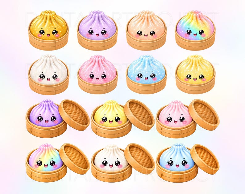 May include: A collection of twelve illustrations featuring kawaii-style steamed buns in bamboo steamers. Each bun displays a smiling face with large eyes, rendered in various colors including yellow, purple, peach, rainbow, white, pink, and blue.