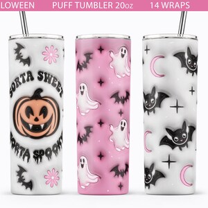 May include: Three 20 ounce stainless steel tumblers with Halloween themed designs. The first tumbler has a white background with a pumpkin, bats, and the text "Sorta Sweet Sorta Spooky". The second tumbler has a pink background with white ghosts and bats. The third tumbler has a white background with black bats, moons, and crosses.