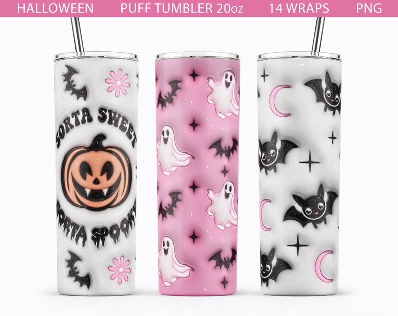 May include: Three 20 ounce stainless steel tumblers with Halloween themed designs. The first tumbler has a white background with a pumpkin, bats, and the text "Sorta Sweet Sorta Spooky". The second tumbler has a pink background with white ghosts and bats. The third tumbler has a white background with black bats, moons, and crosses.