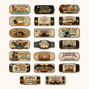 K&ouml;nnte beinhalten: Eine Sammlung von siebzehn rechteckigen und ovalen Etiketten im Vintage-Stil mit Halloween-Illustrationen und Texten wie Jack-O-Lantern Jelly Beans, Graveyard Vanilla Fudge, Pumpkin Moon Taffy und anderen gruseligen S&uuml;&szlig;waren.