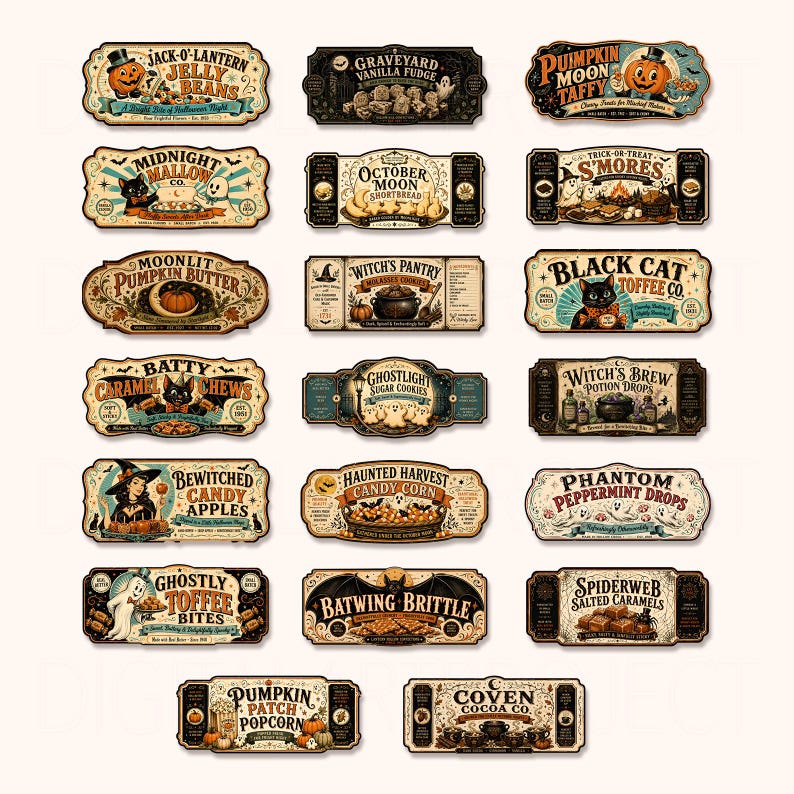 K&ouml;nnte beinhalten: Eine Sammlung von siebzehn rechteckigen und ovalen Etiketten im Vintage-Stil mit Halloween-Illustrationen und Texten wie Jack-O-Lantern Jelly Beans, Graveyard Vanilla Fudge, Pumpkin Moon Taffy und anderen gruseligen S&uuml;&szlig;waren.