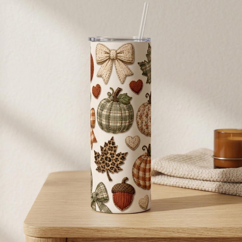 May include: A cylindrical tumbler with a straw featuring a cream-colored background decorated with a repeating pattern of beige bows, green plaid pumpkins, orange pumpkins, leopard print maple leaves, brown acorns, and small red and white hearts.