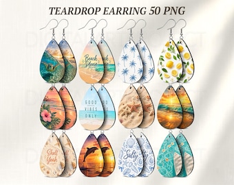 Summer Beach Teardrop Earrings PNG, Teardrop Earring Sublimation, Beach Earrings PNG, Coastal Earring, Tropical Earrings, Ocean Teardrop PNG