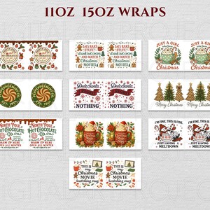 May include: A collection of Christmas-themed mug wraps with various designs. Some wraps feature text like "North Pole Hot Chocolate Co." and "Dear Santa, Nothing." Other designs include gingerbread men, Christmas trees, and festive mugs.
