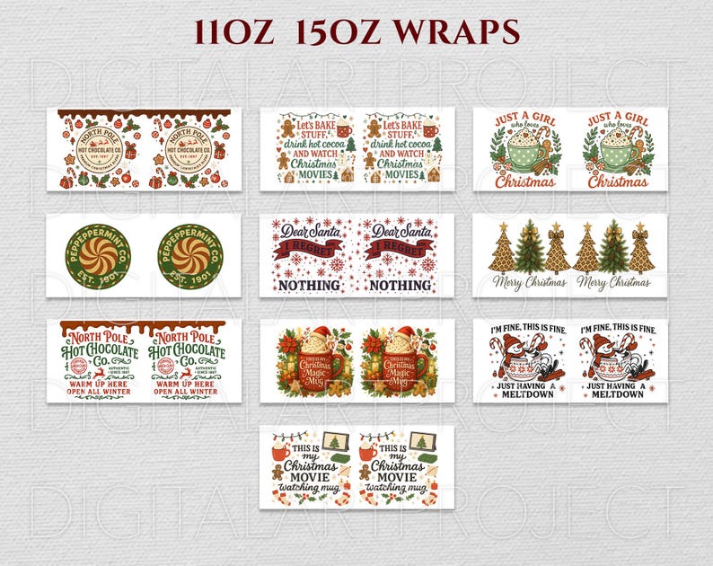 May include: A collection of Christmas-themed mug wraps with various designs. Some wraps feature text like "North Pole Hot Chocolate Co." and "Dear Santa, Nothing." Other designs include gingerbread men, Christmas trees, and festive mugs.