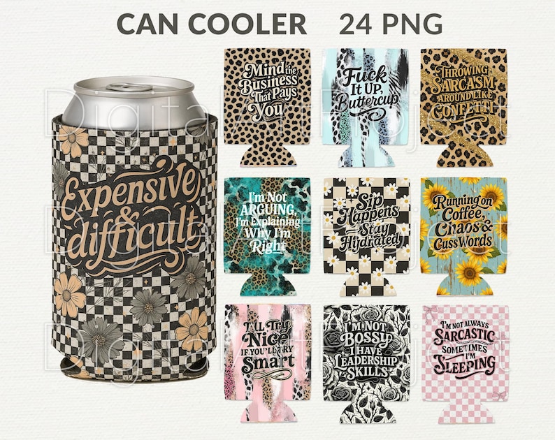 Pode incluir: Uma cole&ccedil;&atilde;o de refrigeradores de latas com v&aacute;rios designs e texto. Um refrigerador apresenta um padr&atilde;o xadrez em preto e branco com as palavras "Expensive & Difficult". Outros refrigeradores t&ecirc;m estampas de leopardo, florais e cita&ccedil;&otilde;es humor&iacute;sticas.