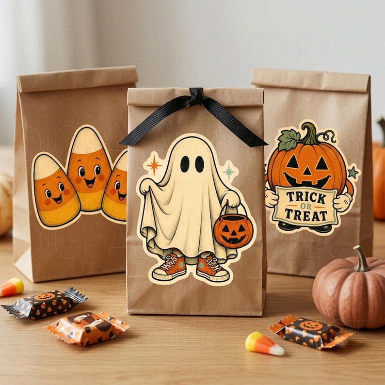 May include: Three brown paper bags decorated with Halloween stickers. The center bag features a ghost wearing orange sneakers and holding a pumpkin bucket, tied with a black ribbon. Other bags show candy corn and a pumpkin with the text TRICK OR TREAT.