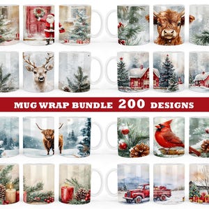 May include: A bundle of 200 mug wrap designs featuring various winter and holiday themes. The designs include winter landscapes, animals, and holiday decorations. The designs are perfect for creating personalized mugs for gifts or for personal use.