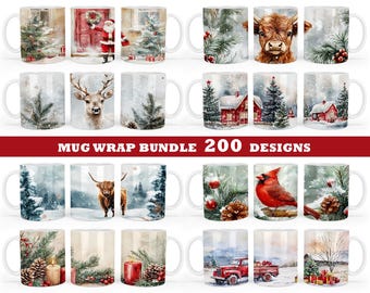 Paquete de envoltorios navideños para tazas PNG, envoltorio completo para tazas navideñas, sublimación de envoltorios para tazas, envoltorios navideños PNG, animales navideños PNG, decoración navideña