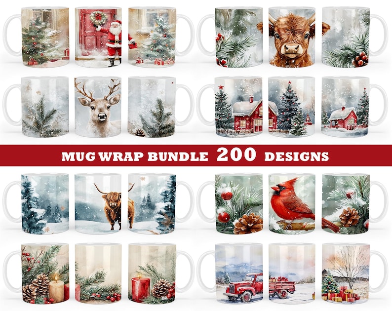May include: A bundle of 200 mug wrap designs featuring various winter and holiday themes. The designs include winter landscapes, animals, and holiday decorations. The designs are perfect for creating personalized mugs for gifts or for personal use.