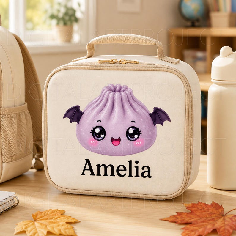 May include: A cream-colored square lunch bag with a top handle and zipper closure. The front features a purple dumpling character with small black bat wings, large sparkling eyes, and pink cheeks. The name Amelia is printed in black below the graphic.
