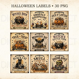 May include: A collection of nine square Halloween labels featuring vintage-style illustrations of a cauldron, ghost, jack-o'-lantern, bat, black cat, skull, and poison apple. Each label includes decorative text such as Witches Brew and Skull Candy Co.