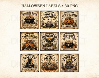 Vintage Halloween Candy Labels PNG, Square Printable Stickers, Apothecary Treat Tags, Junk Journal, Vintage Label, Halloween Sublimation Png