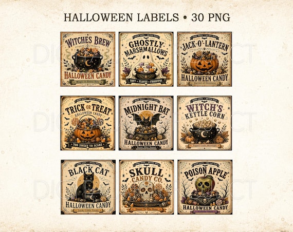 Vintage Halloween Candy Labels PNG, Square Printable Stickers, Apothecary Treat Tags, Junk Journal, Vintage Label, Halloween Sublimation Png