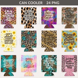 Pode incluir: Uma cole&ccedil;&atilde;o de doze porta-latas com v&aacute;rios designs e textos. Os porta-latas apresentam estampas de leopardo e frases humor&iacute;sticas como "Life Is Good You Should Get One" e "Zero Days Without Sarcasm". A paleta de cores inclui azul-petr&oacute;leo, rosa, amarelo e roxo.
