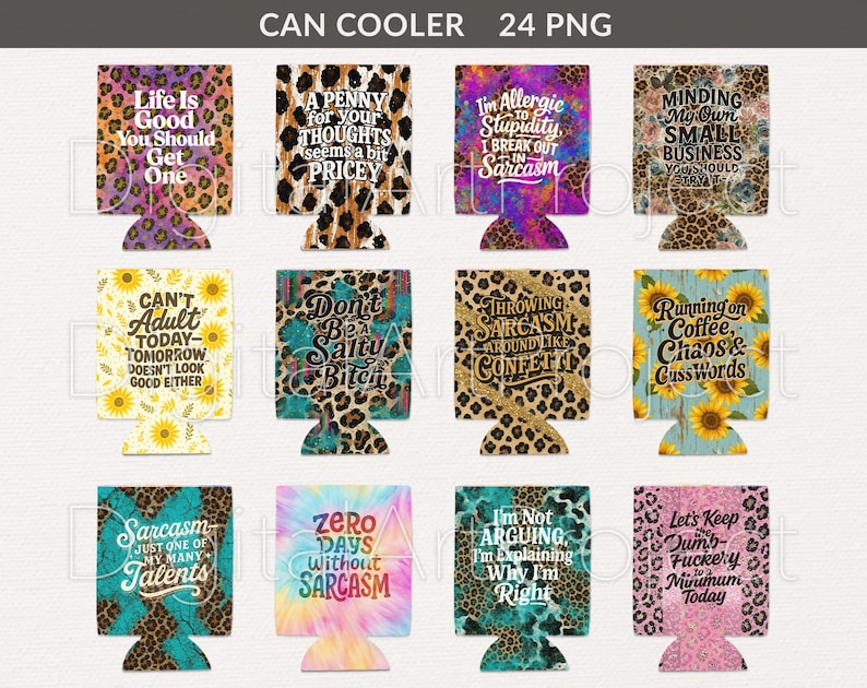 Pode incluir: Uma cole&ccedil;&atilde;o de doze porta-latas com v&aacute;rios designs e textos. Os porta-latas apresentam estampas de leopardo e frases humor&iacute;sticas como "Life Is Good You Should Get One" e "Zero Days Without Sarcasm". A paleta de cores inclui azul-petr&oacute;leo, rosa, amarelo e roxo.